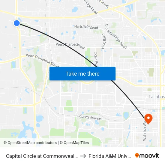 Capital Circle at Commonwealth Blvd to Florida A&M University map
