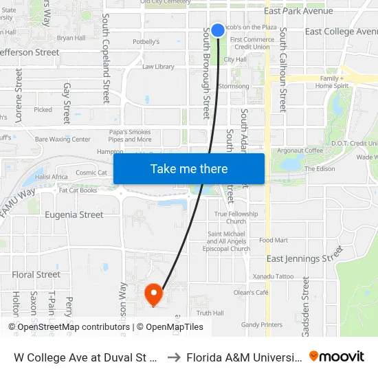 W College Ave at Duval St Eb to Florida A&M University map