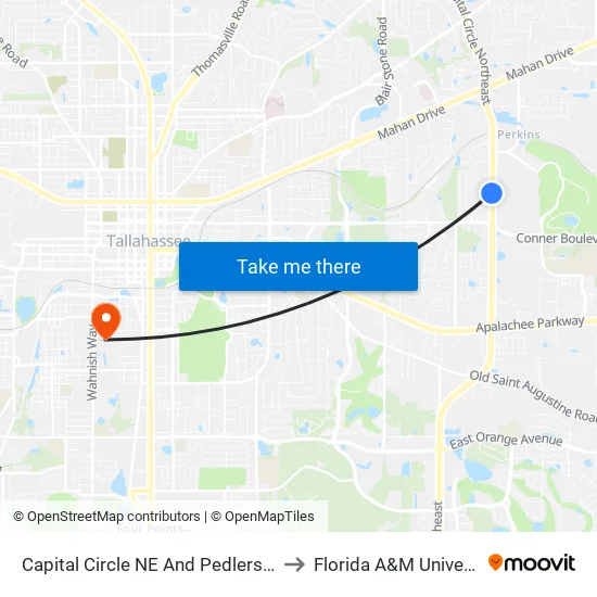 Capital Circle NE And Pedlers Alley to Florida A&M University map