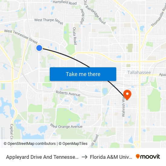 Appleyard Drive And Tennessee Street to Florida A&M University map