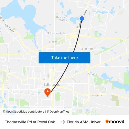 Thomasville Rd at Royal Oaks Nb to Florida A&M University map