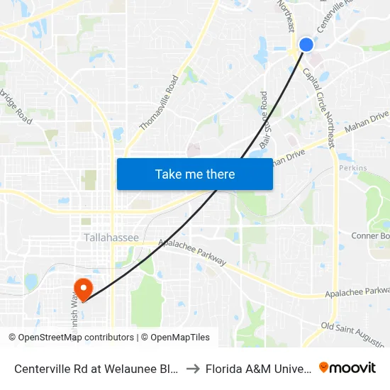 Centerville Rd at Welaunee Blvd Nb to Florida A&M University map