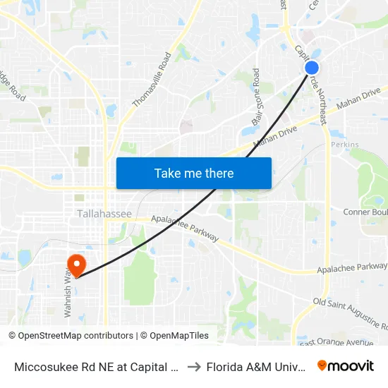 Miccosukee Rd NE at Capital Cir Wb to Florida A&M University map