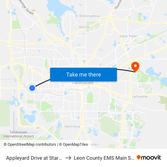 Appleyard Drive at Starmetro to Leon County EMS Main Station map