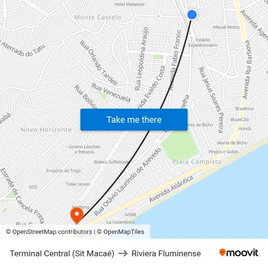 Terminal Central (Sit Macaé) to Riviera Fluminense map