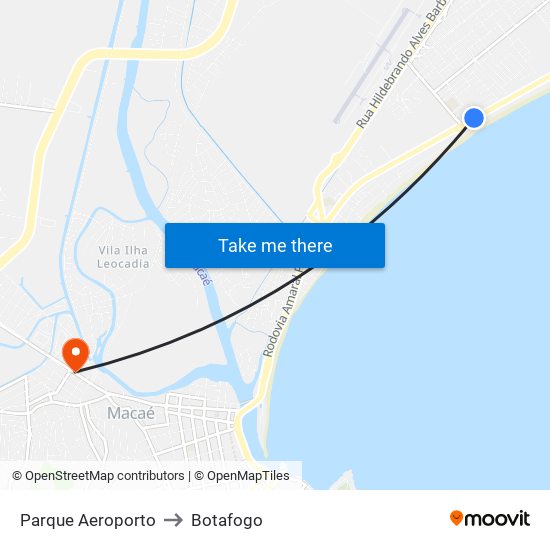 Parque Aeroporto to Botafogo map