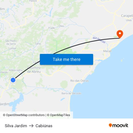 Silva Jardim to Cabiúnas map