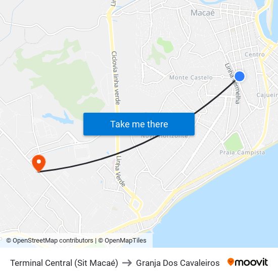 Terminal Central (Sit Macaé) to Granja Dos Cavaleiros map