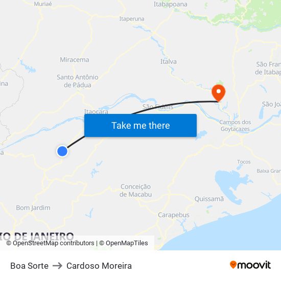 Boa Sorte to Cardoso Moreira map