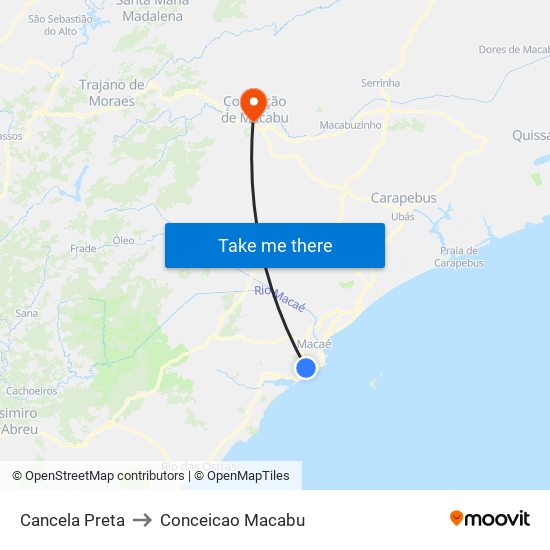 Cancela Preta to Conceicao Macabu map