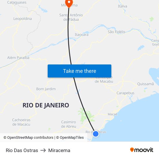 Rio Das Ostras to Miracema map