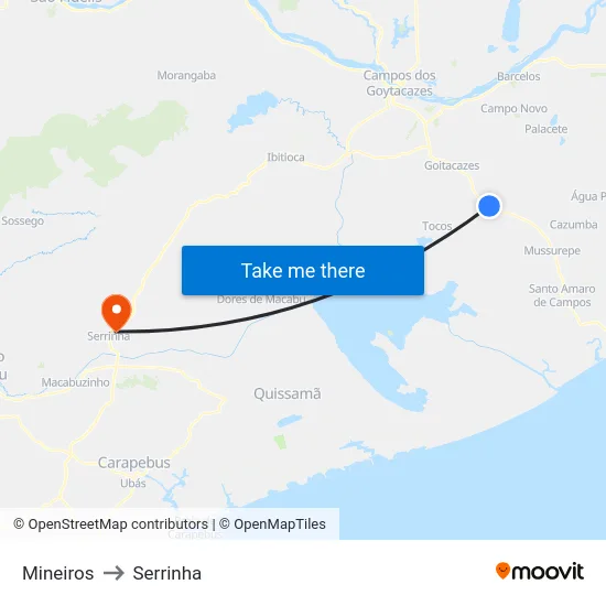 Mineiros to Serrinha map