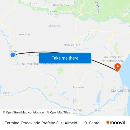 Terminal Rodoviário Prefeito Eliel Almeida Ribeiro (Italva) to Santa Clara map