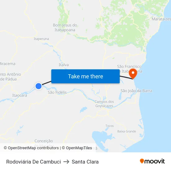 Rodoviária De Cambuci to Santa Clara map