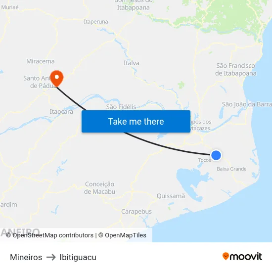 Mineiros to Ibitiguacu map