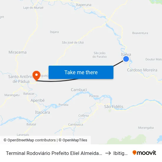 Terminal Rodoviário Prefeito Eliel Almeida Ribeiro (Italva) to Ibitiguacu map
