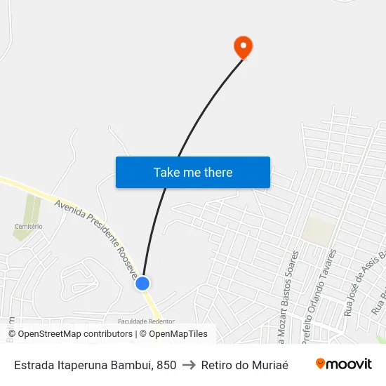 Estrada Itaperuna Bambui, 850 to Retiro do Muriaé map