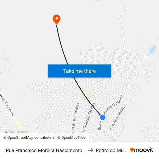 Rua Francisco Moreira Nascimento, 1108 to Retiro do Muriaé map