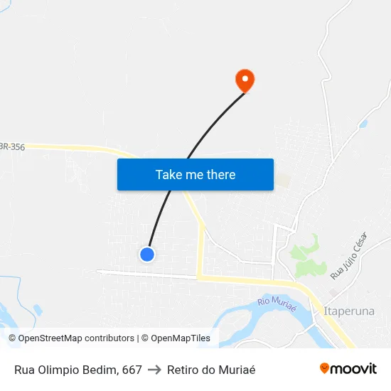 Rua Olimpio Bedim, 667 to Retiro do Muriaé map