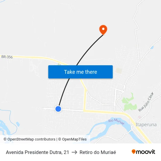 Avenida Presidente Dutra, 21 to Retiro do Muriaé map