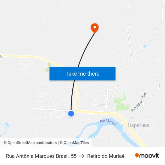 Rua Antônia Marques Brasil, 55 to Retiro do Muriaé map