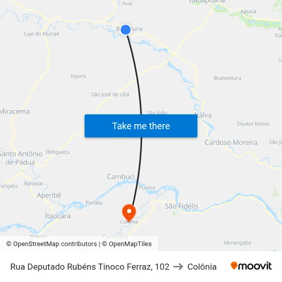 Rua Deputado Rubéns Tinoco Ferraz, 102 to Colônia map