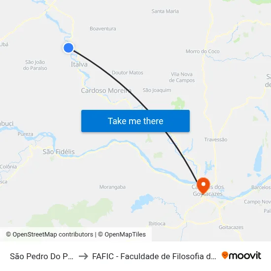 São Pedro Do Paraíso to FAFIC - Faculdade de Filosofia de Campos map