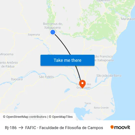 Rj-186 to FAFIC - Faculdade de Filosofia de Campos map