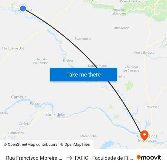 Rua Francisco Moreira Nascimento, 1108 to FAFIC - Faculdade de Filosofia de Campos map