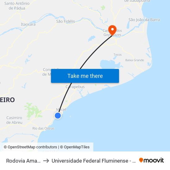 Rodovia Amaral Peixoto to Universidade Federal Fluminense - Uff - Campus Campos 2 map