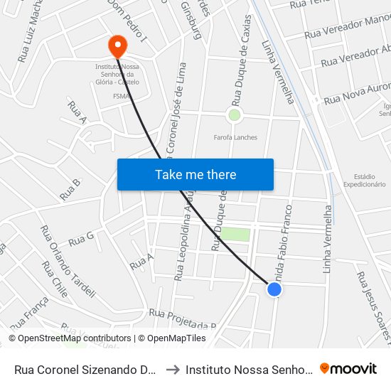 Rua Coronel Sizenando De Souza Próximo Ao 490 to Instituto Nossa Senhora Da Glória - Castelo map