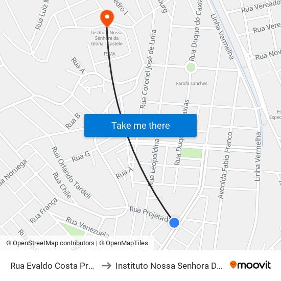 Rua Evaldo Costa Próximo Ao 230 to Instituto Nossa Senhora Da Glória - Castelo map