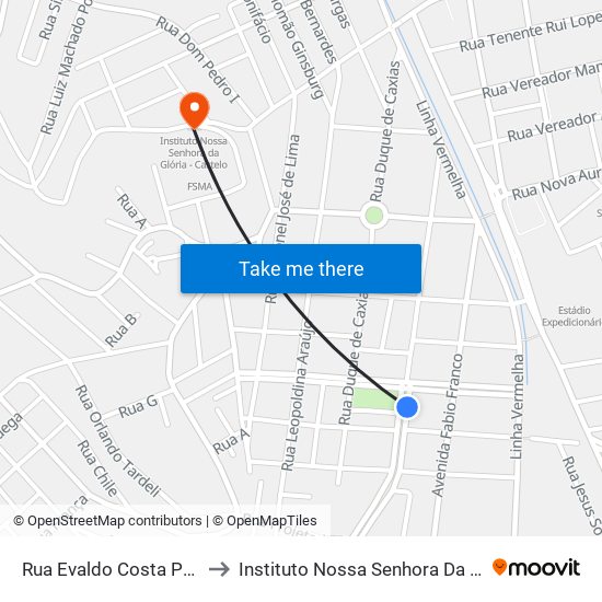 Rua Evaldo Costa Próximo Ao 4 to Instituto Nossa Senhora Da Glória - Castelo map