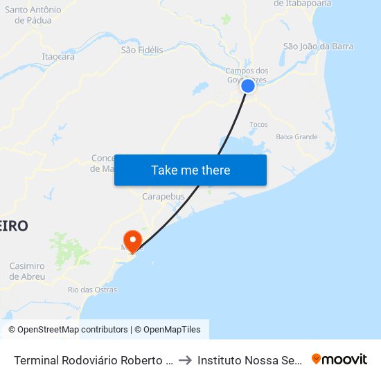 Terminal Rodoviário Roberto Silveira (Campos Dos Goytacazes) to Instituto Nossa Senhora Da Glória - Castelo map