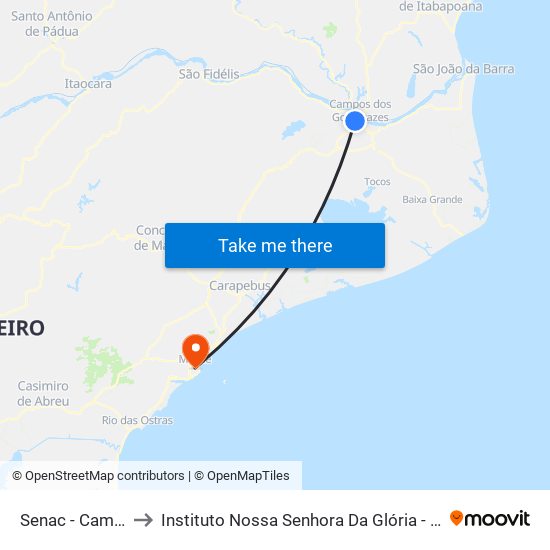 Senac - Campos to Instituto Nossa Senhora Da Glória - Castelo map