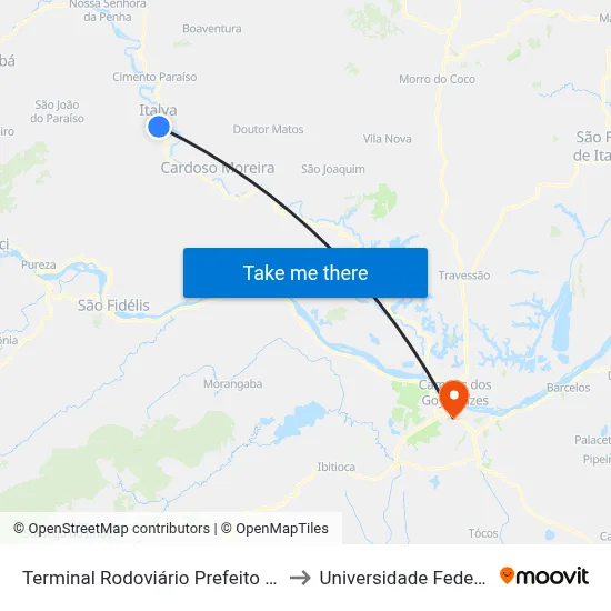 Terminal Rodoviário Prefeito Eliel Almeida Ribeiro (Italva) to Universidade Federal Fluminense - Uff map