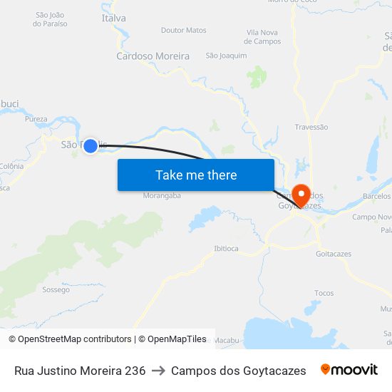 Rua Justino Moreira 236 to Campos dos Goytacazes map