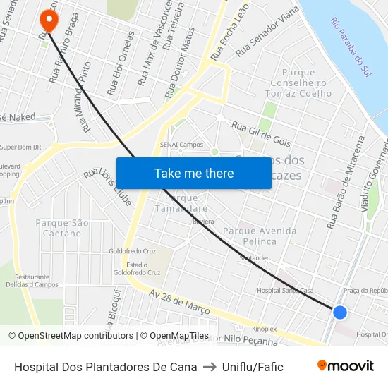 Hospital Dos Plantadores De Cana to Uniflu/Fafic map