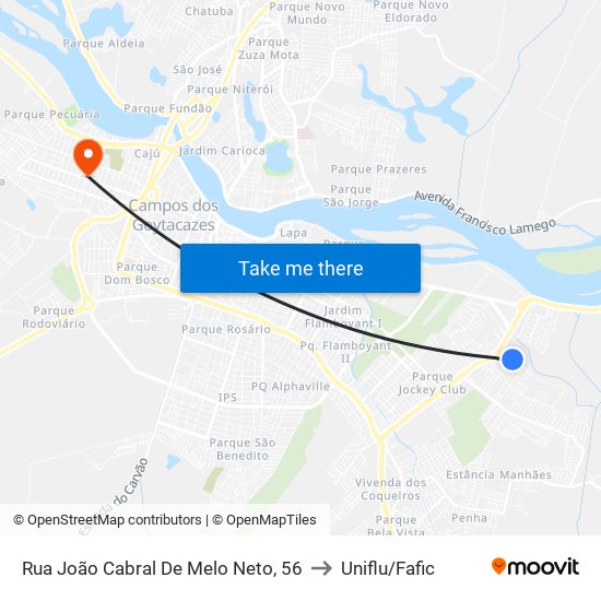 Rua João Cabral De Melo Neto, 56 to Uniflu/Fafic map