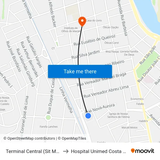Terminal Central (Sit Macaé) to Hospital Unimed Costa do Sol map