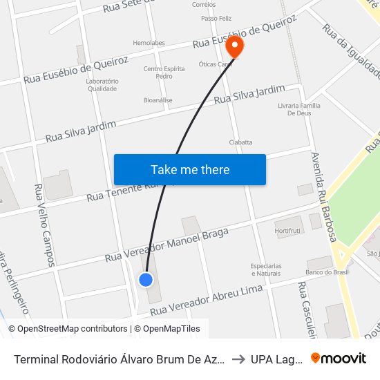 Terminal Rodoviário Álvaro Brum De Azevedo (Macaé) to UPA Lagomar map