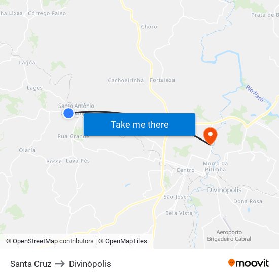 Santa Cruz to Divinópolis map