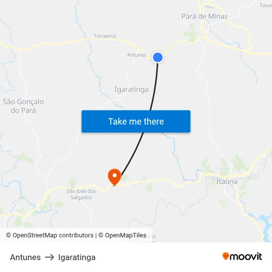 Antunes to Igaratinga map