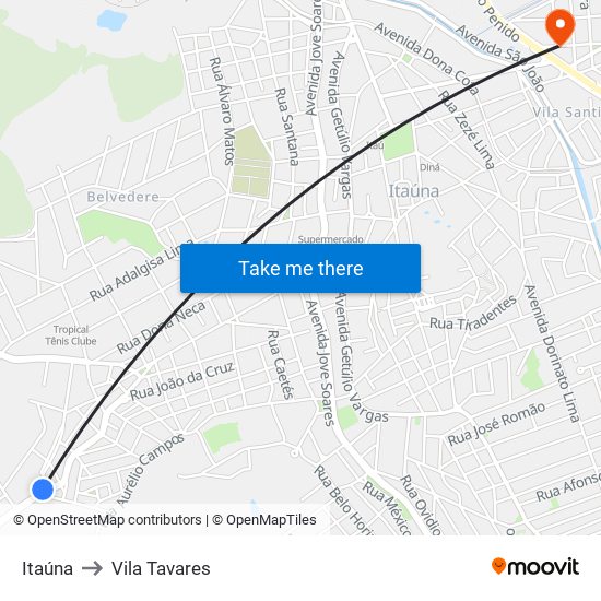 Itaúna to Vila Tavares map
