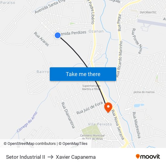 Setor Industrial II to Xavier Capanema map