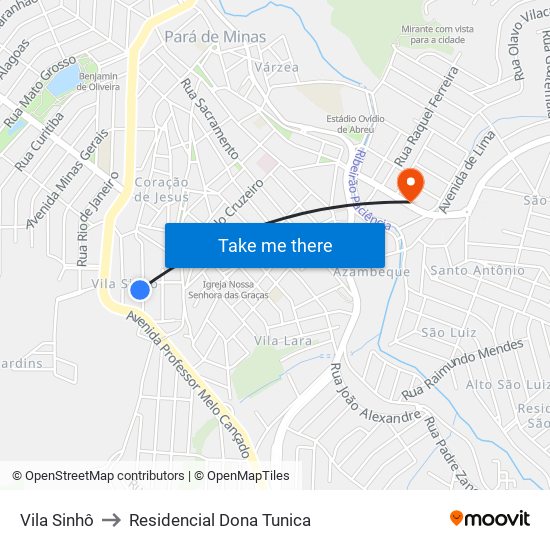 Vila Sinhô to Residencial Dona Tunica map
