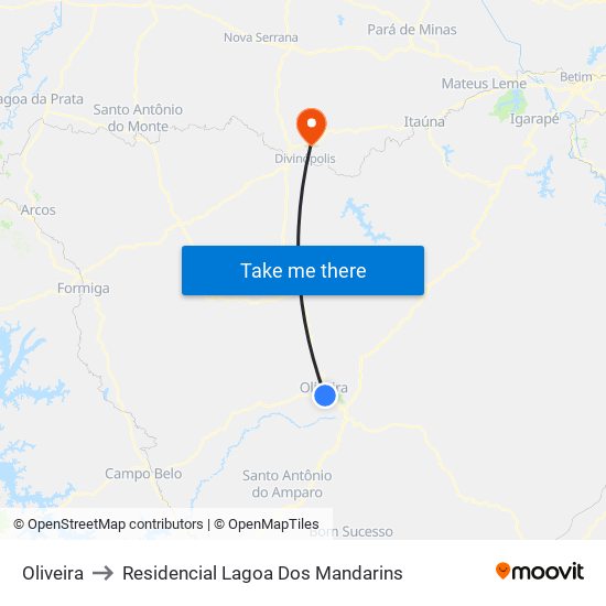 Oliveira to Residencial Lagoa Dos Mandarins map
