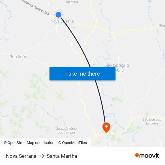 Nova Serrana to Santa Martha map