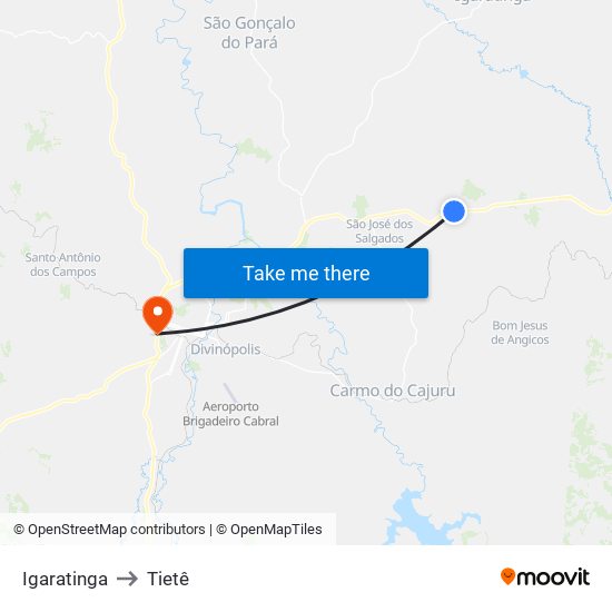 Igaratinga to Tietê map