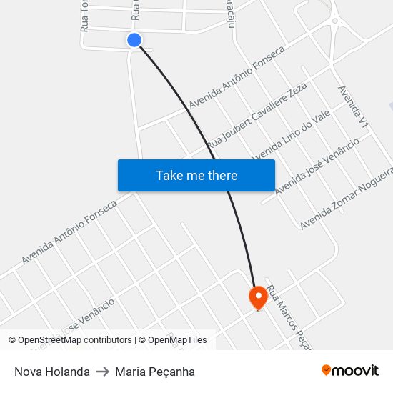 Nova Holanda to Maria Peçanha map